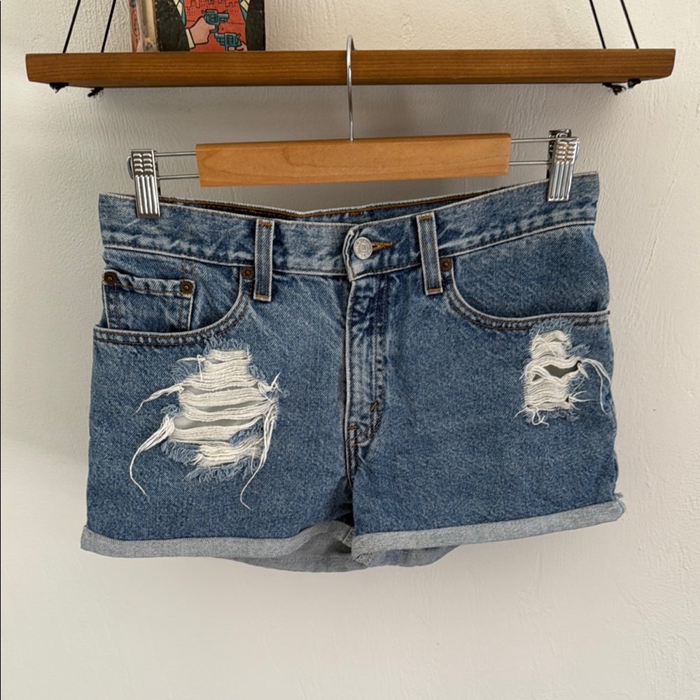 Levi's 555 Blue Distressed Jean Shorts